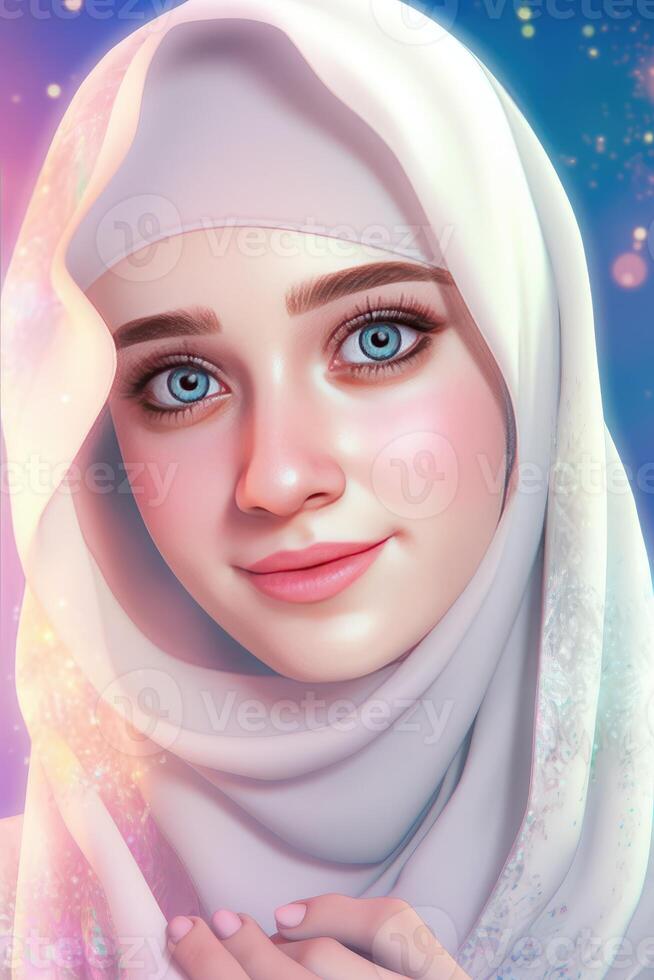 attraente bellissimo musulmano giovane ragazza personaggio indossare hijab foulard, generativo ai. foto