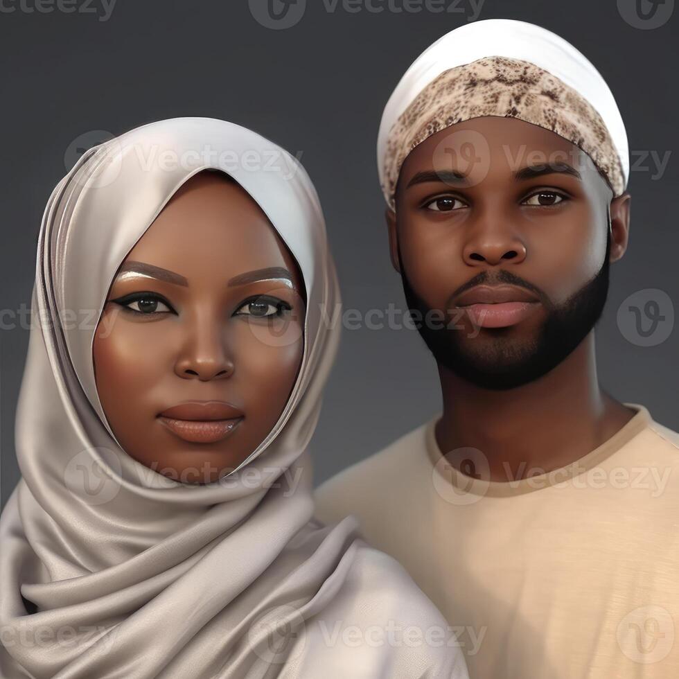 realistico ritratto di giovane musulmano africano coppia indossare tradizionale abbigliamento, generativo ai. foto