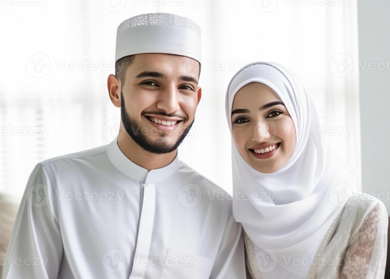 realistico ritratto di contento musulmano coppia indossare tradizionale abbigliamento durante eid celebrazione, generativo ai. foto