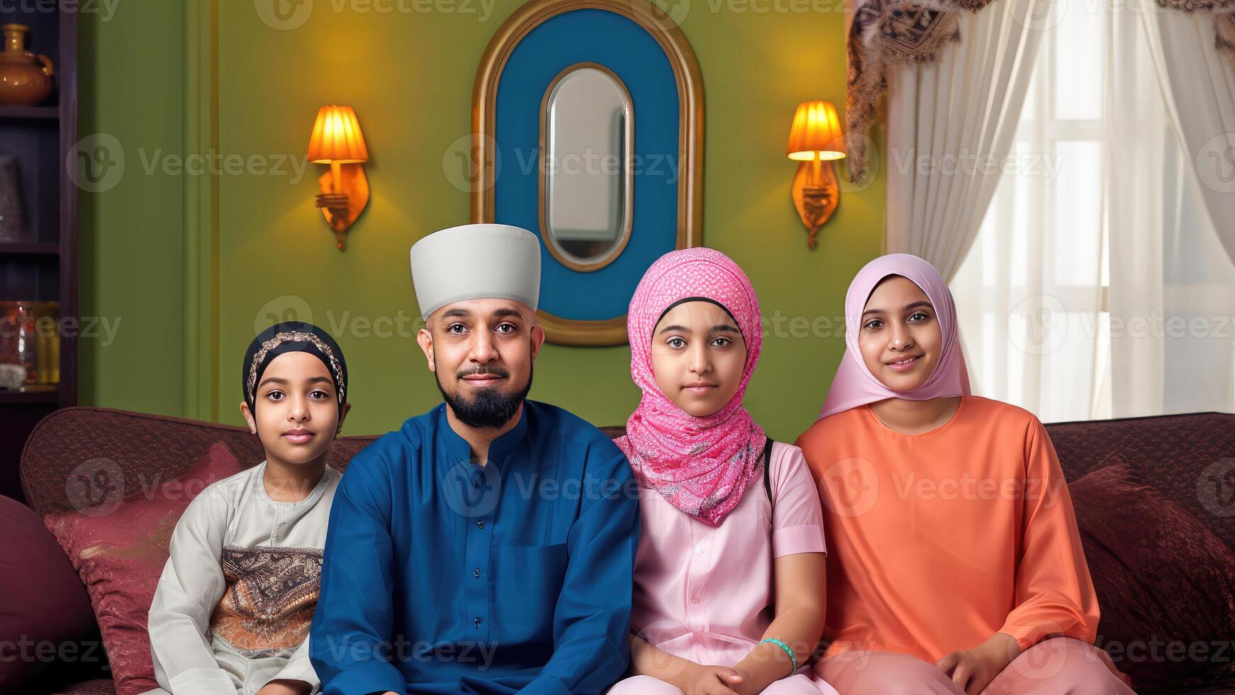 realistico ritratto di allegro musulmano famiglia indossare tradizionale abbigliamento durante eid celebrazione, generativo ai. foto