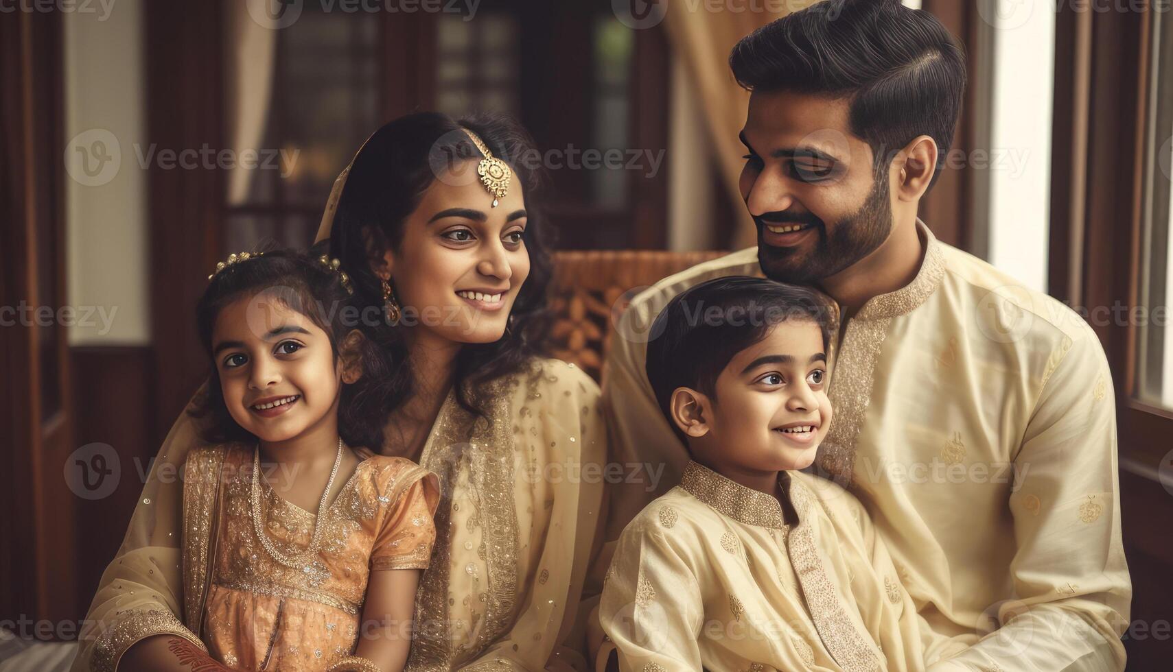 realistico ritratto di allegro indiano musulmano famiglia indossare tradizionale abbigliamento durante eid celebrazione, generativo ai. foto