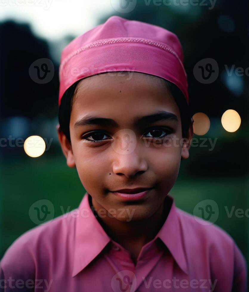 realistico Visualizza di giovane indiano musulmano ragazzo indossare cranio berretto e tradizionale kurta su sfocatura natura sfondo. generativo ai illustrazione. foto