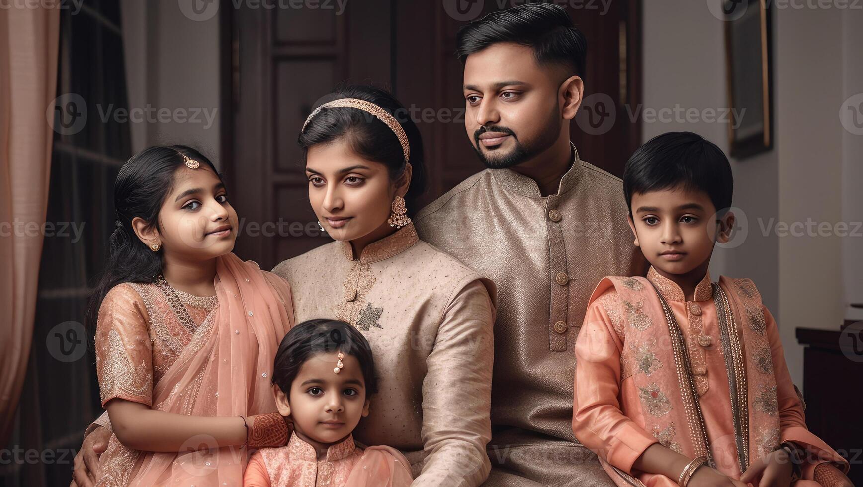 realistico ritratto di musulmano famiglia indossare tradizionale abbigliamento durante eid celebrazione, generativo ai. foto