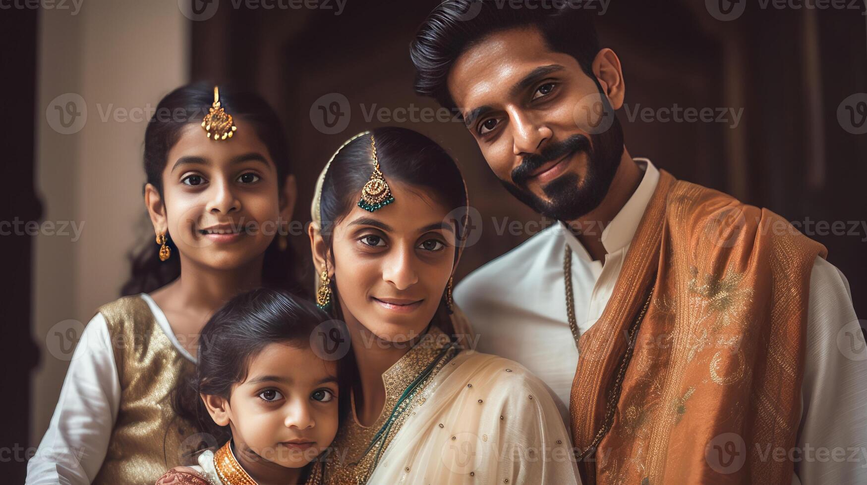 realistico avvicinamento ritratto di allegro musulmano famiglia indossare tradizionale abbigliamento durante eid celebrazione, generativo ai. foto