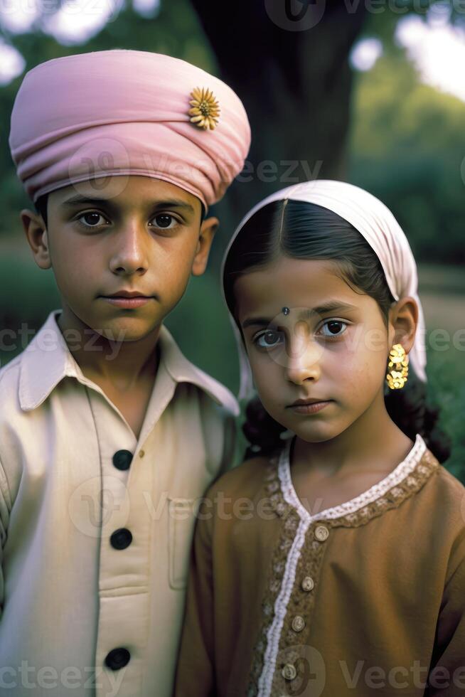 realistico ritratto di indiano contadino bambini indossare cranio berretto e tradizionale kurta su natura sfondo. generativo ai illustrazione. foto