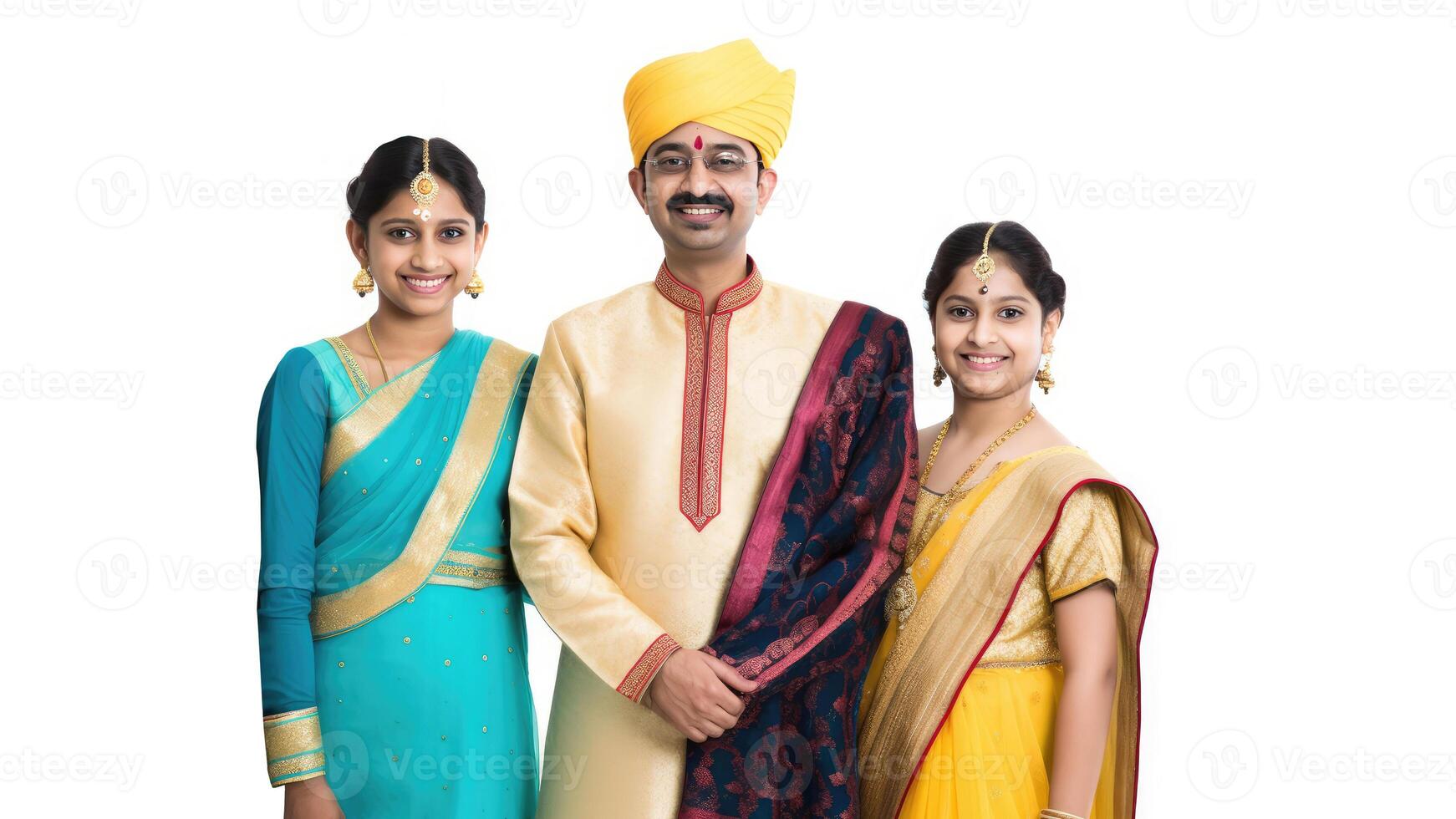 realistico ritratto di indiano famiglia indossare tradizionale abbigliamento e mostrando loro cultura, generativo ai. foto