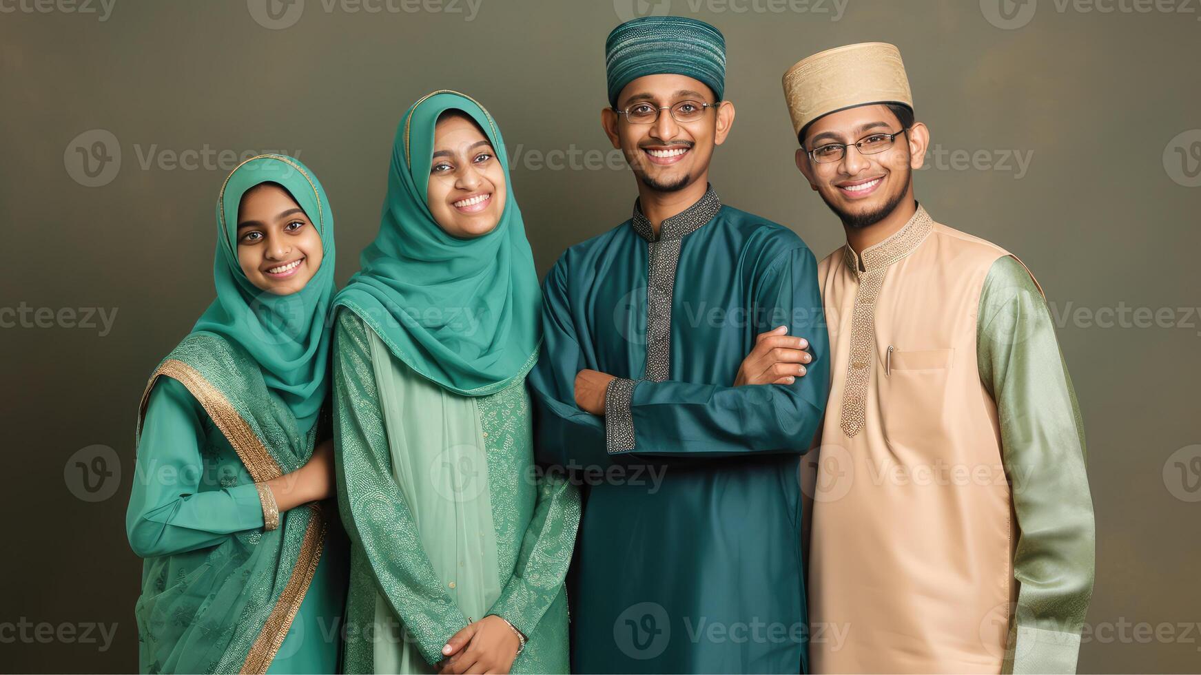 contento musulmano famiglia personaggio indossare tradizionale abbigliamento durante eid celebrazione, generativo ai. foto