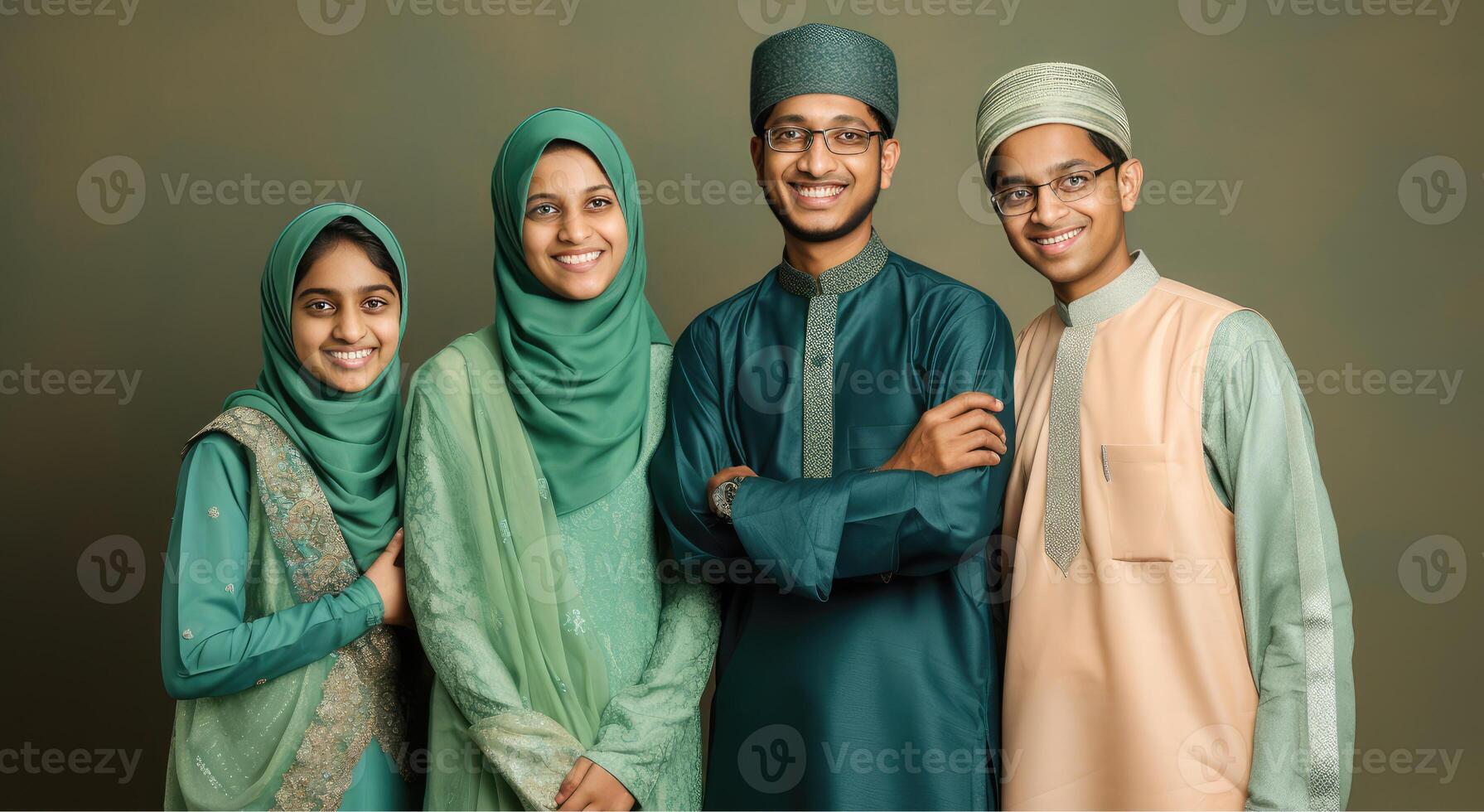 contento musulmano famiglia personaggio indossare tradizionale abbigliamento durante eid celebrazione, generativo ai. foto
