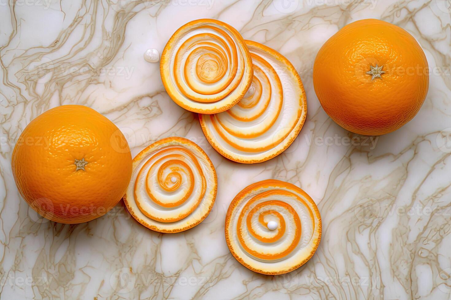 totale e fetta tagliare di succoso fresco arancia su marmo sfondo. nutriente frutta come salutare dolce contenente naturale vitamine generativo ai. foto