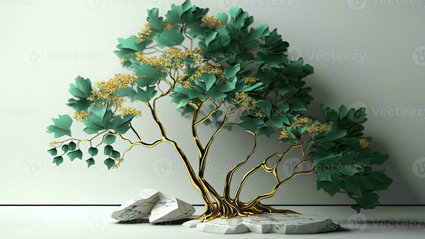 3d sfondo verde fiori su un' d'oro albero su bianca piatto marmo sfondo. incredibilmente dettagliato, generato da AI, digitale illustrazione. foto