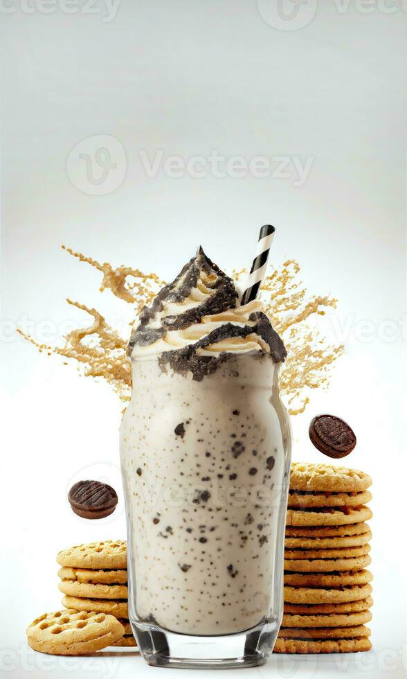 delizioso biscotti cremoso frappè nel un' bicchiere con cioccolato biscotto e frustato crema, biscotti su bianca sfondo. cibo e bevande concetto. ai-generativo, digitale illustrazione. foto