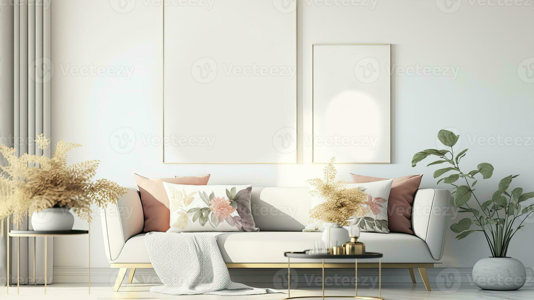 3d rendere, vivente camera interno modello con lettino divano, cuscini, pianta pentole e vuoto montatura o manifesto sospeso su parete. foto
