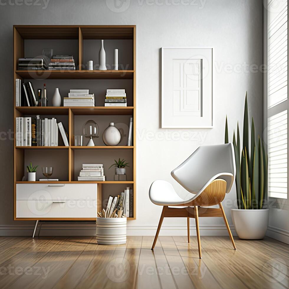 moderno contemporaneo lusso interno disegno, un' combinazione di bianca parete colore e di legno libreria, e confortevole sedia. generativo ai digitale illustrazione. foto