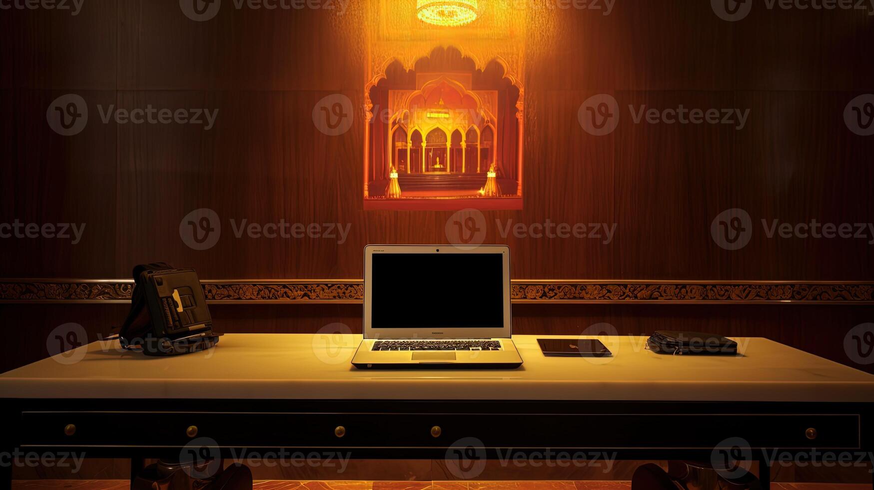 un' il computer portatile con Borsa su tavolo nel davanti di tempio con d'oro illuminazione a buio di legno sfondo. generativo ai. foto
