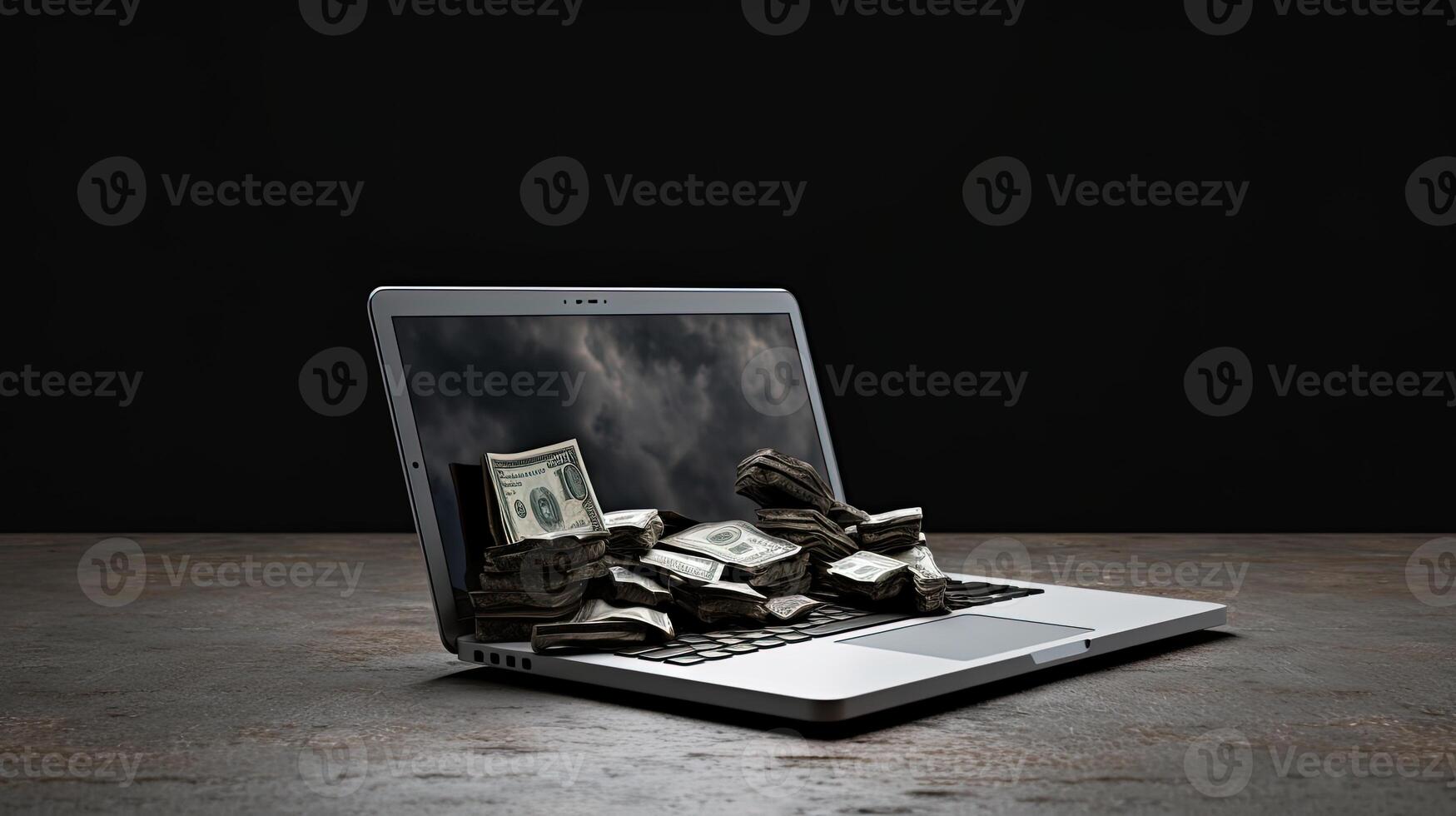 moneta pila su tastiera di il computer portatile al di sopra di buio sfondo, creato di generativo ai tecnologia. foto