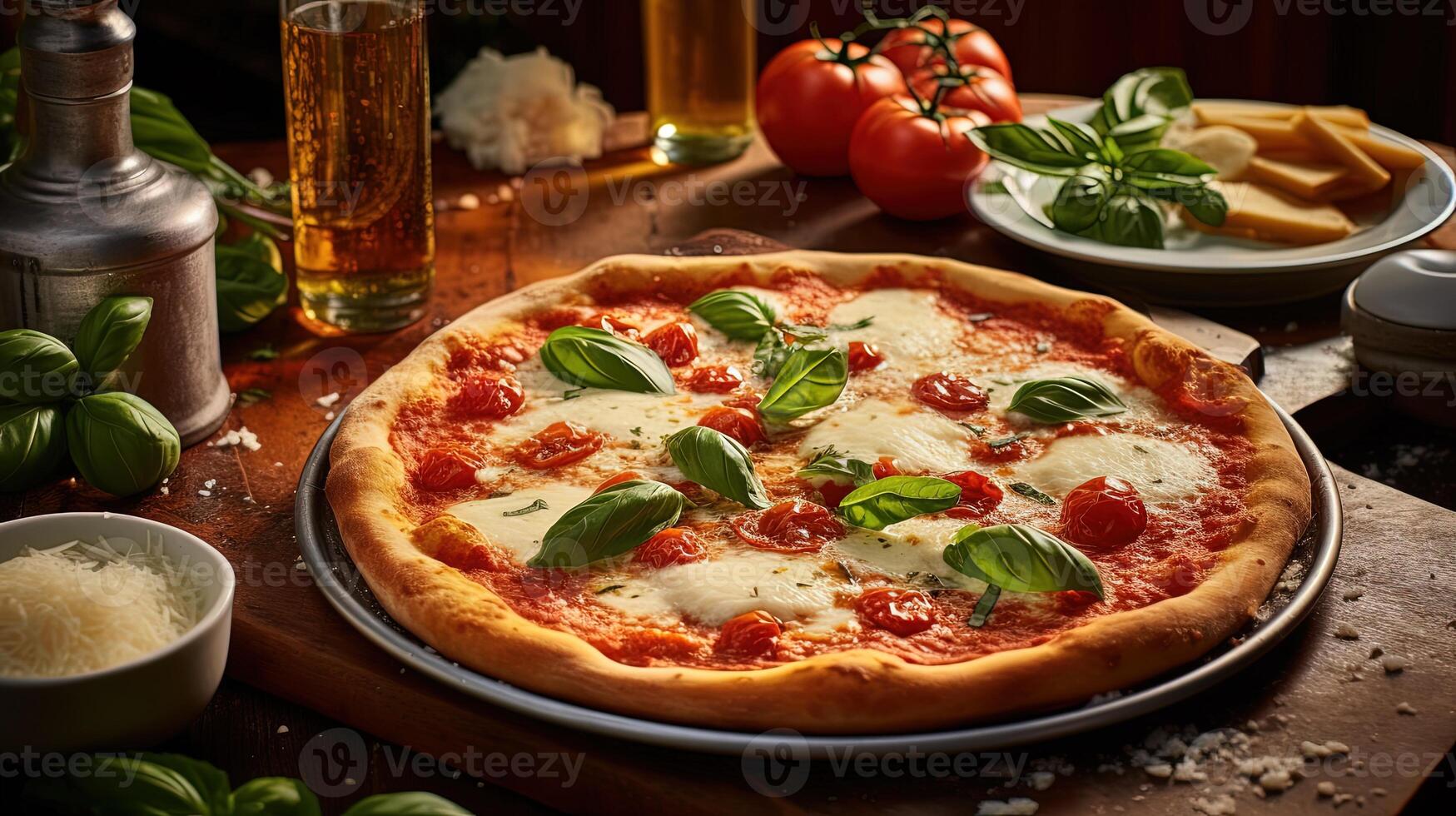 vicino su voglie margherita magro gommoso Crosta, pomodoro con bevanda e insalata su rustico di legno tavolo. generativo ai. foto