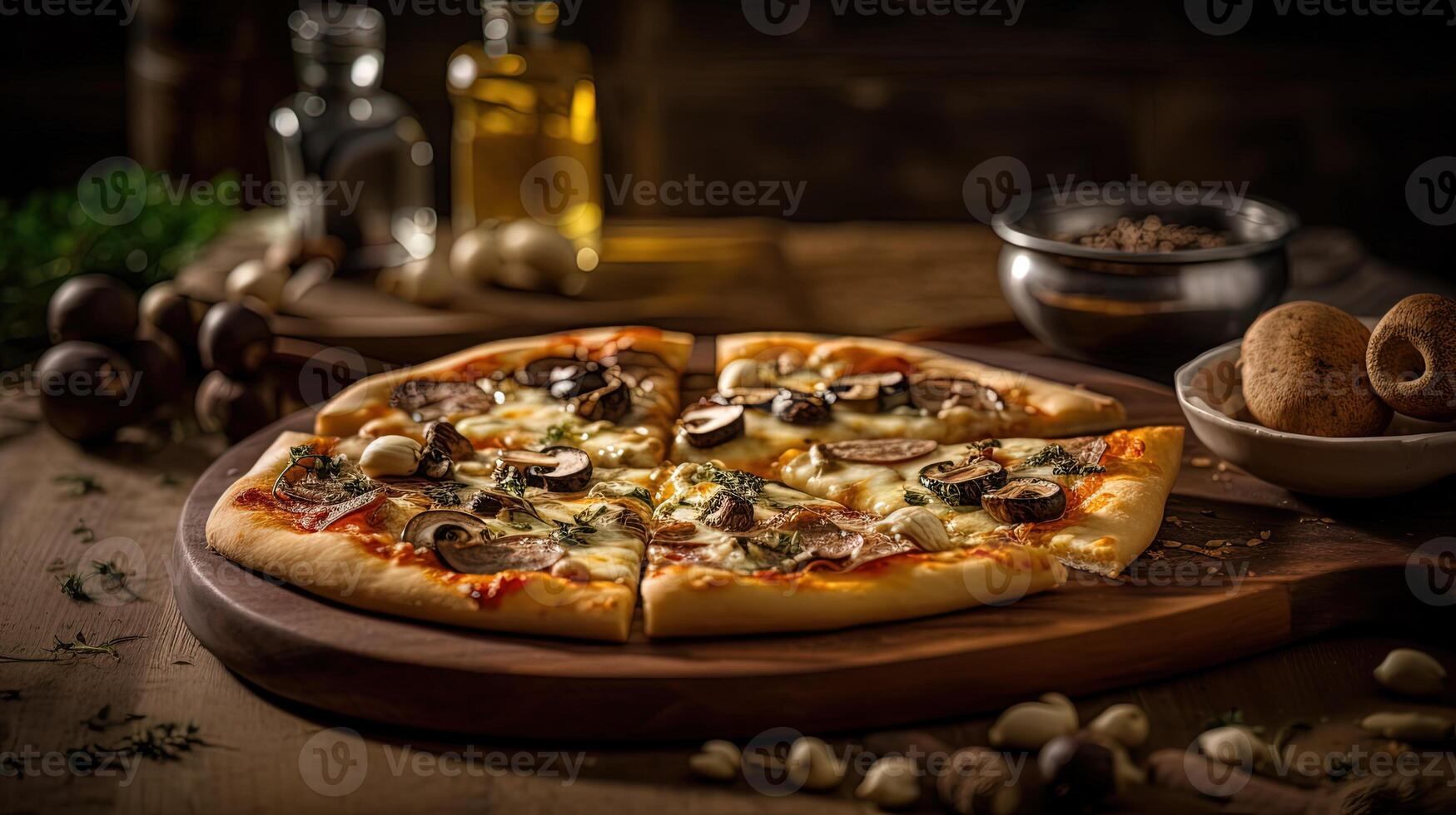 appena al forno fungo Pizza condimenti su di legno taglio tavola per italiano cibo pronto per mangiare concetto. cibo fotografia, generativo ai. foto