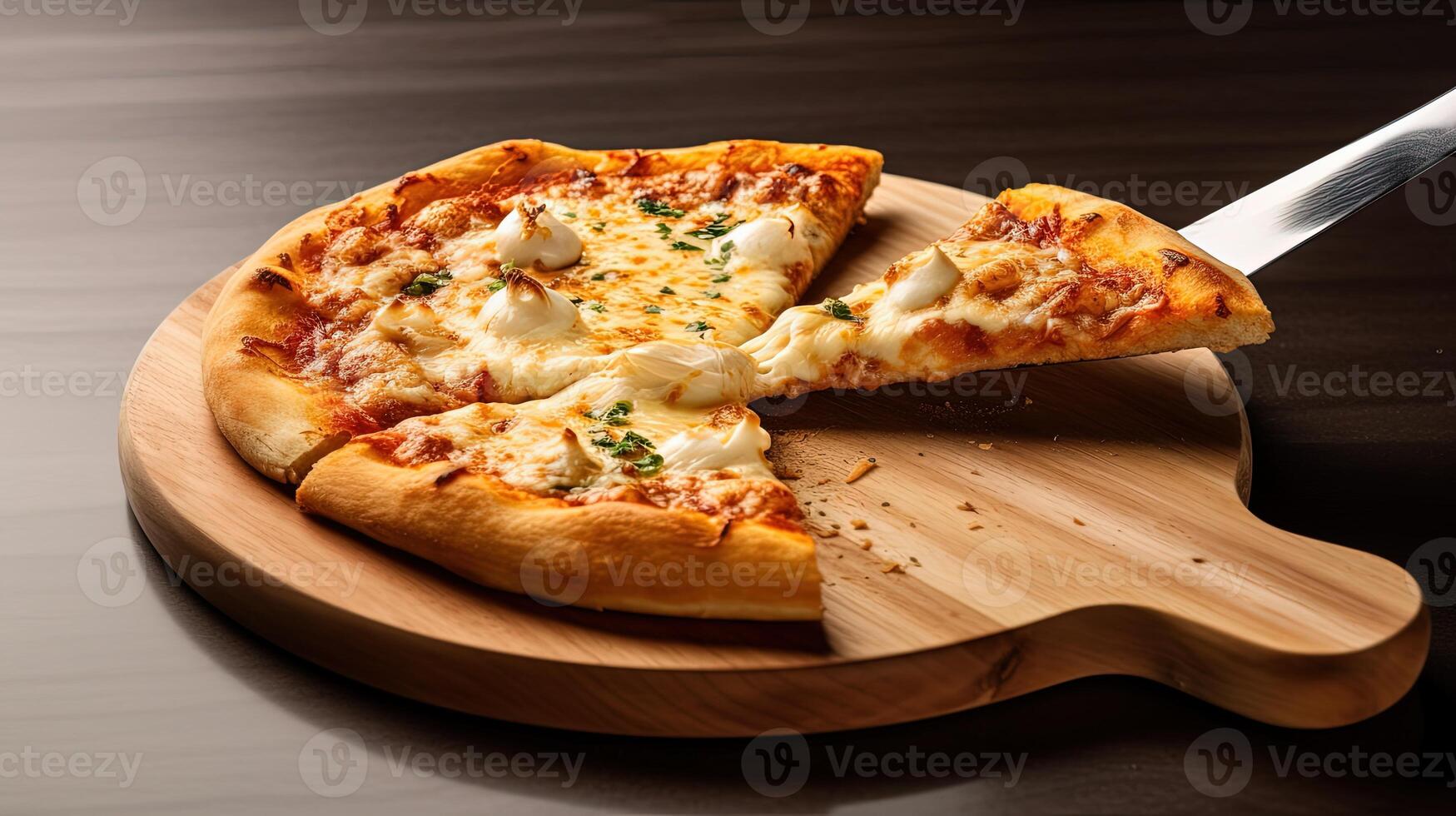 delizioso fetta sollevato a partire dal formaggio Pizza su di legno chopping asse, cibo fotografia. generativo ai. foto