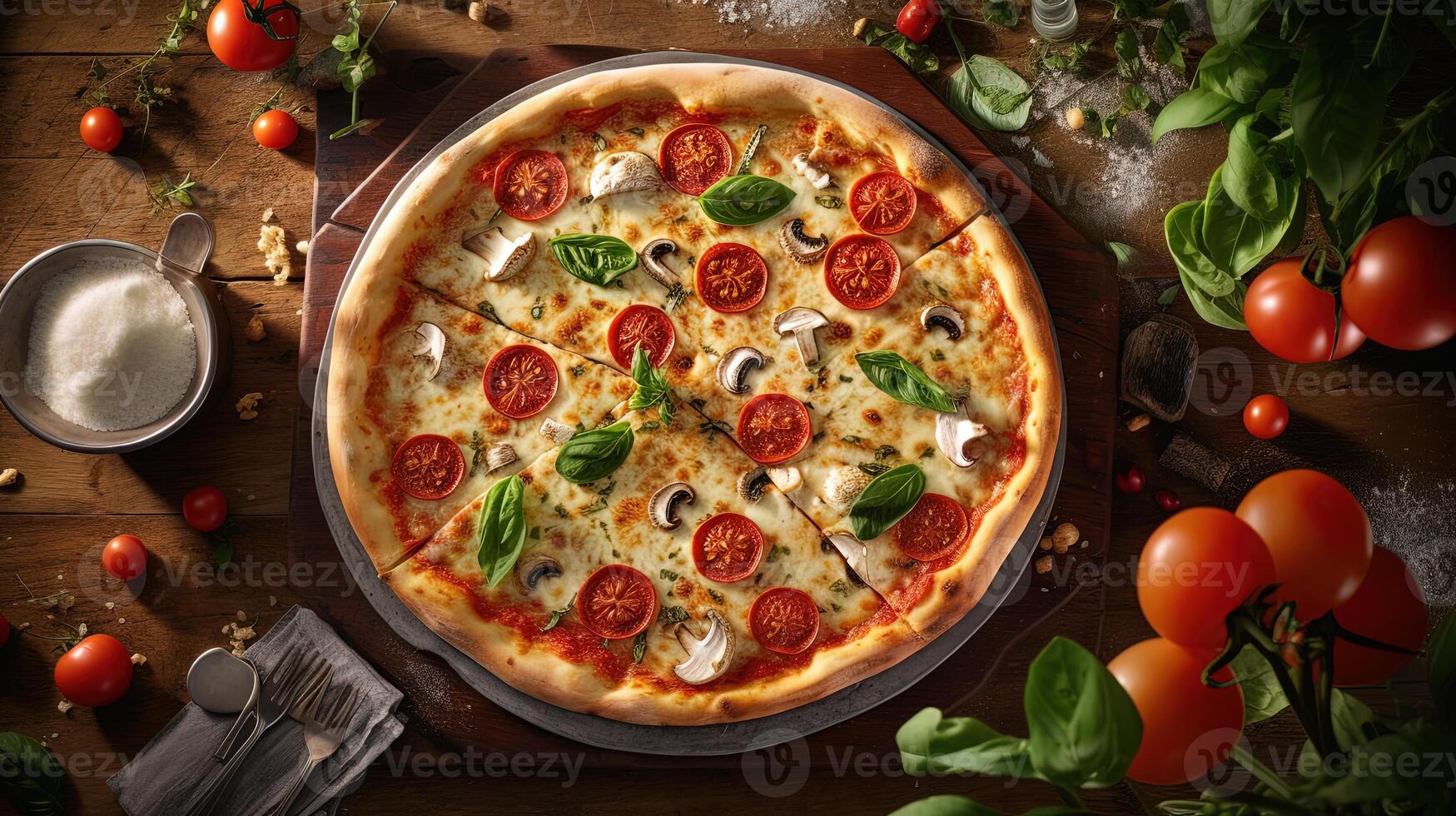 superiore Visualizza Immagine di appena al forno veggie bianca Pizza su di legno tavolo per veloce cibo pronto per mangiare concetto. modello o bandiera per ristorante. generativo ai. foto