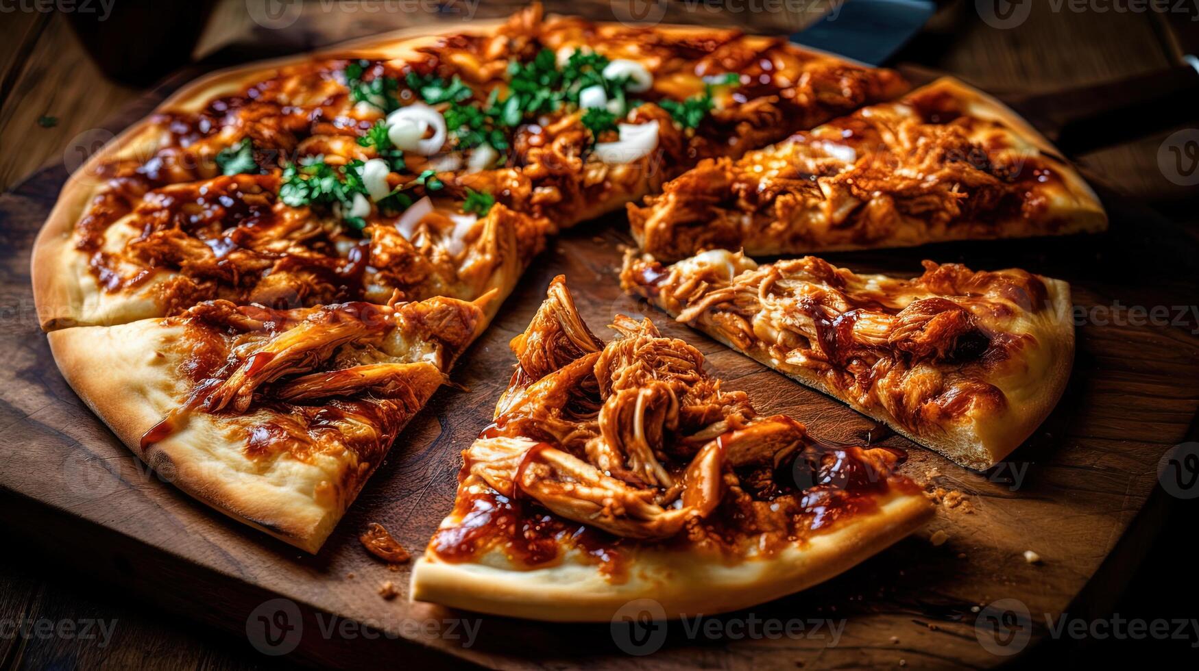 delizioso fette di bbq pollo Pizza con chopping carne condimenti servito su di legno taglio tavola per pronto per mangiare concetto. cibo fotografia, generativo ai. foto