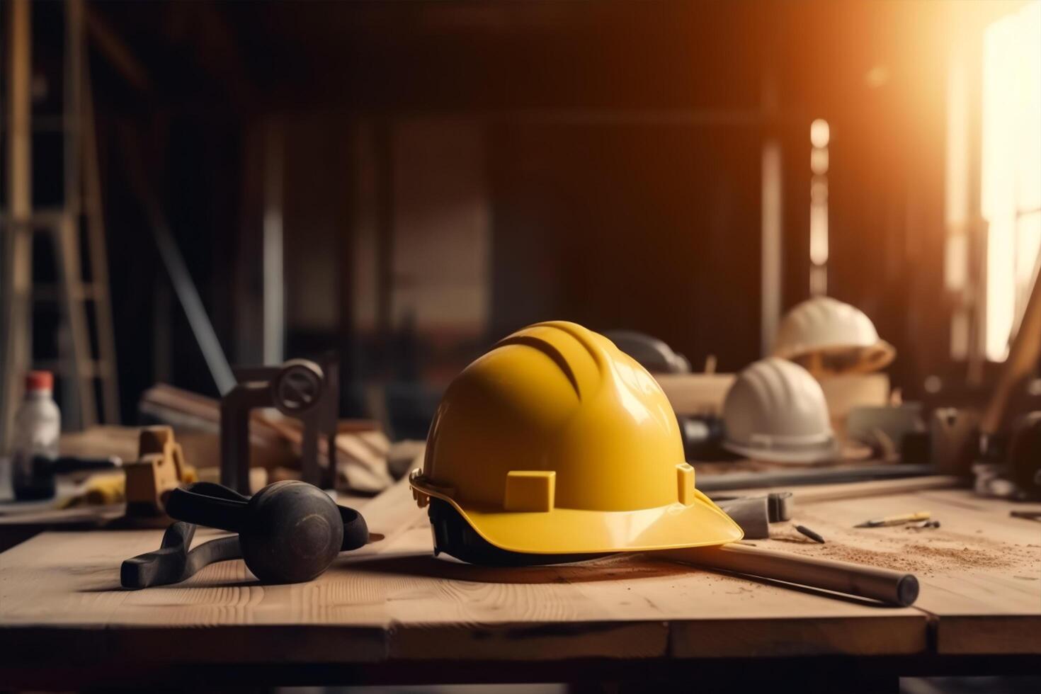 sicurezza costruzione lavoratore cappello isolato su sfocato industria sfondo. generativo ai foto