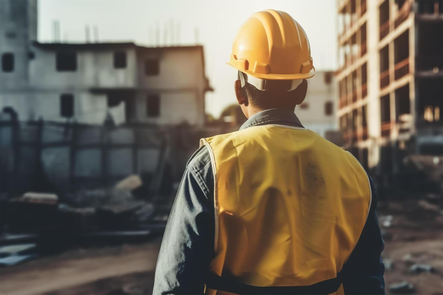 lavoro duro e faticoso giorno. un' costruzione lavoratore guardare a un' Piano su un' costruzione luogo. generativo ai foto