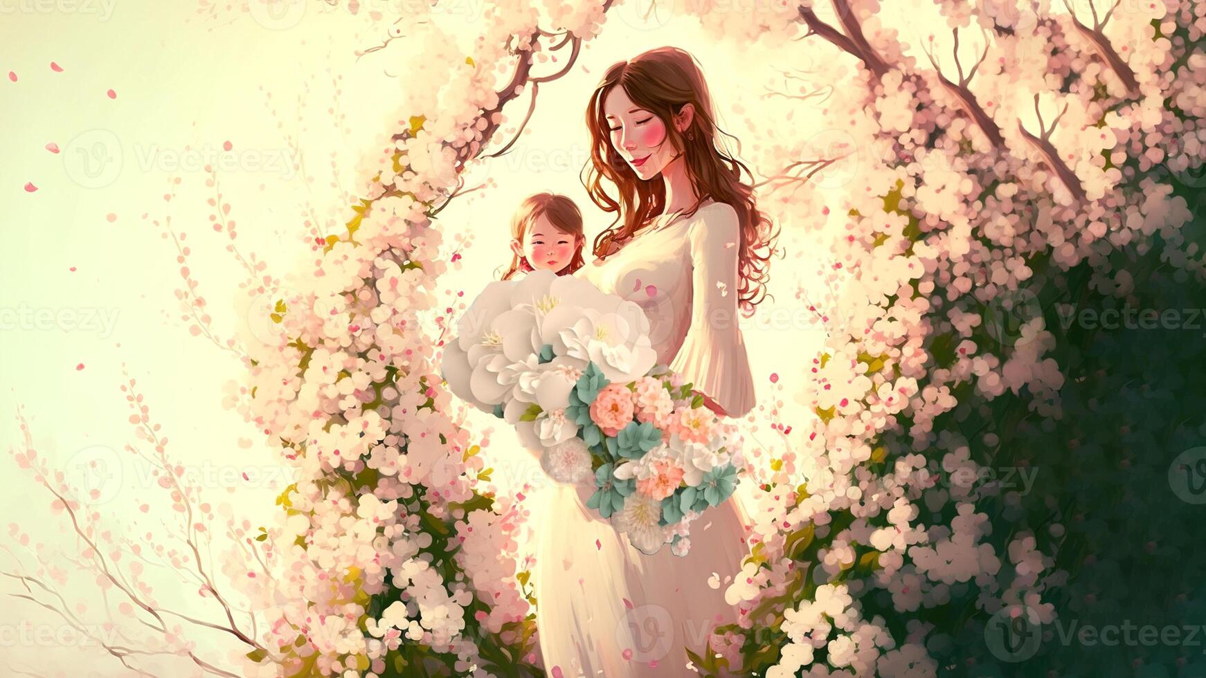 madre e figlia, bellissimo fiori sfondo, contento madri giorno concetto . generativo ai foto