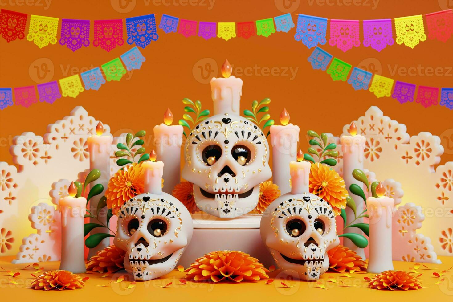 3d interpretazione per giorno di il morto, dia de muertos altare concetto. composizione di carino zucchero teschi, bianca candele, calendula fiori, padella de morto, cactus, chitarra di il morto. 3d illustrazione foto