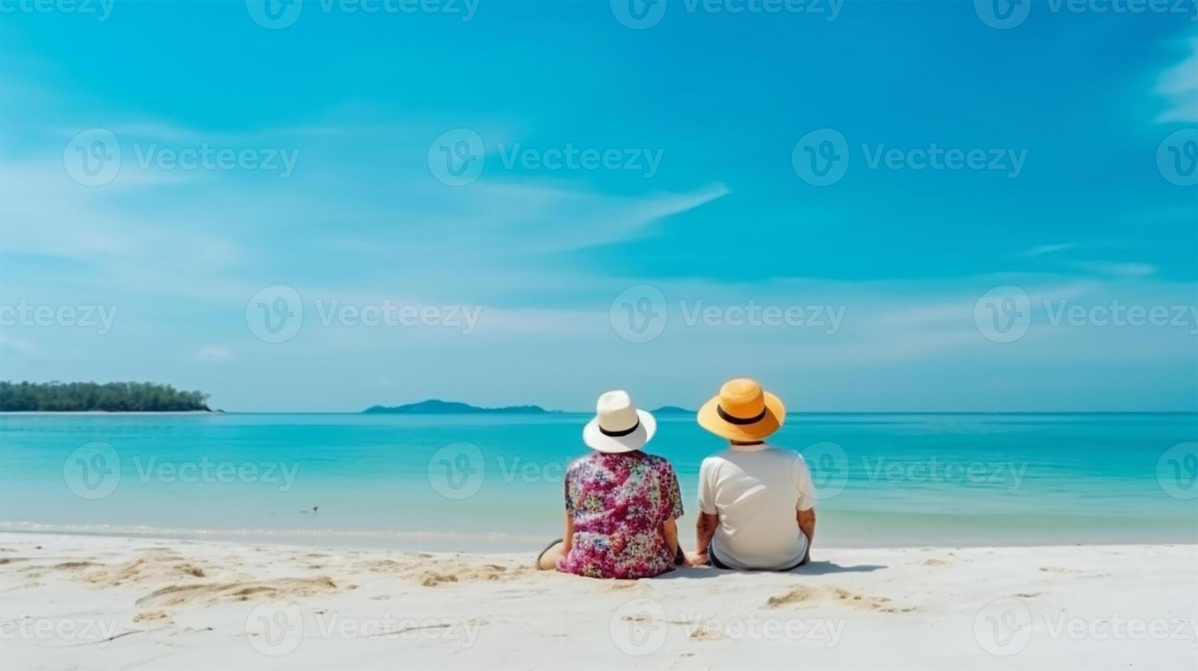 rilassare anziano coppia su spiaggia con blu cielo, pensione viaggio vacanza salutare stile di vita concetto. generativo ai. foto