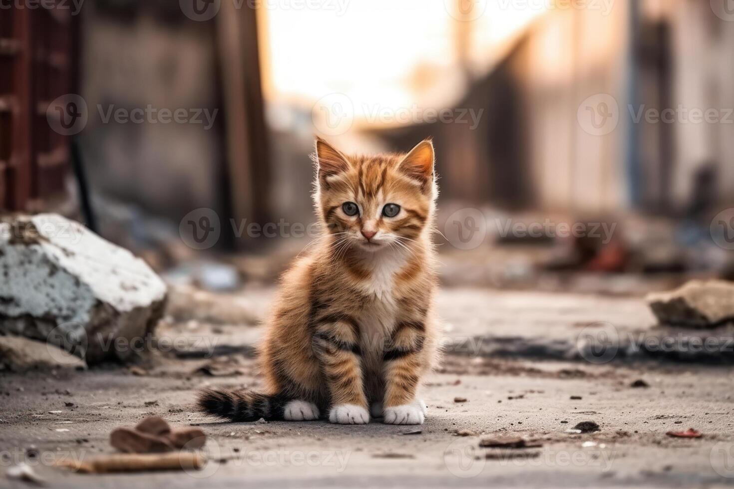 ai generato vagante gattino nel Pericolo animale sfondo foto