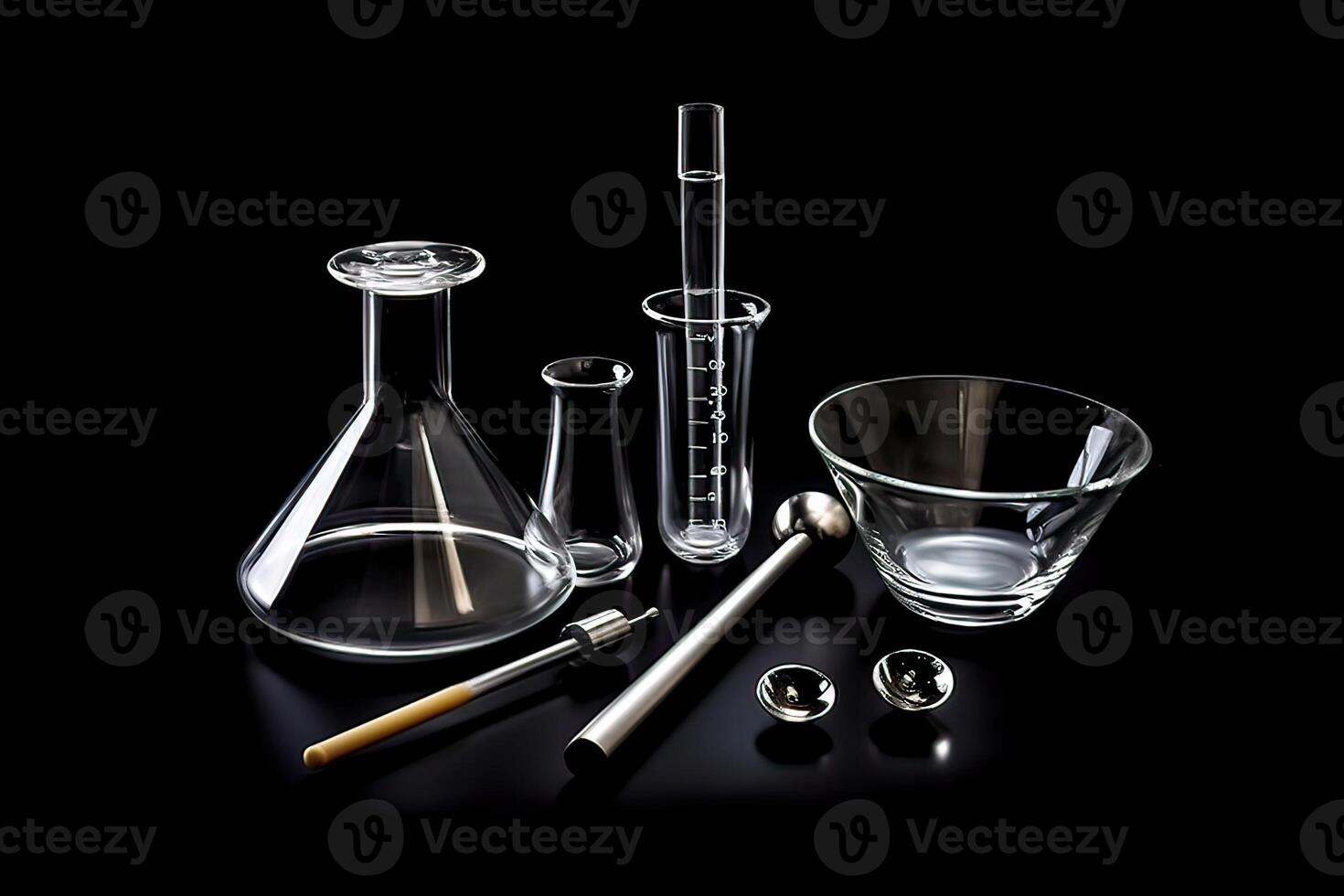 chimica laboratorio attrezzatura utilità imbuto orologio bicchiere ai generato foto