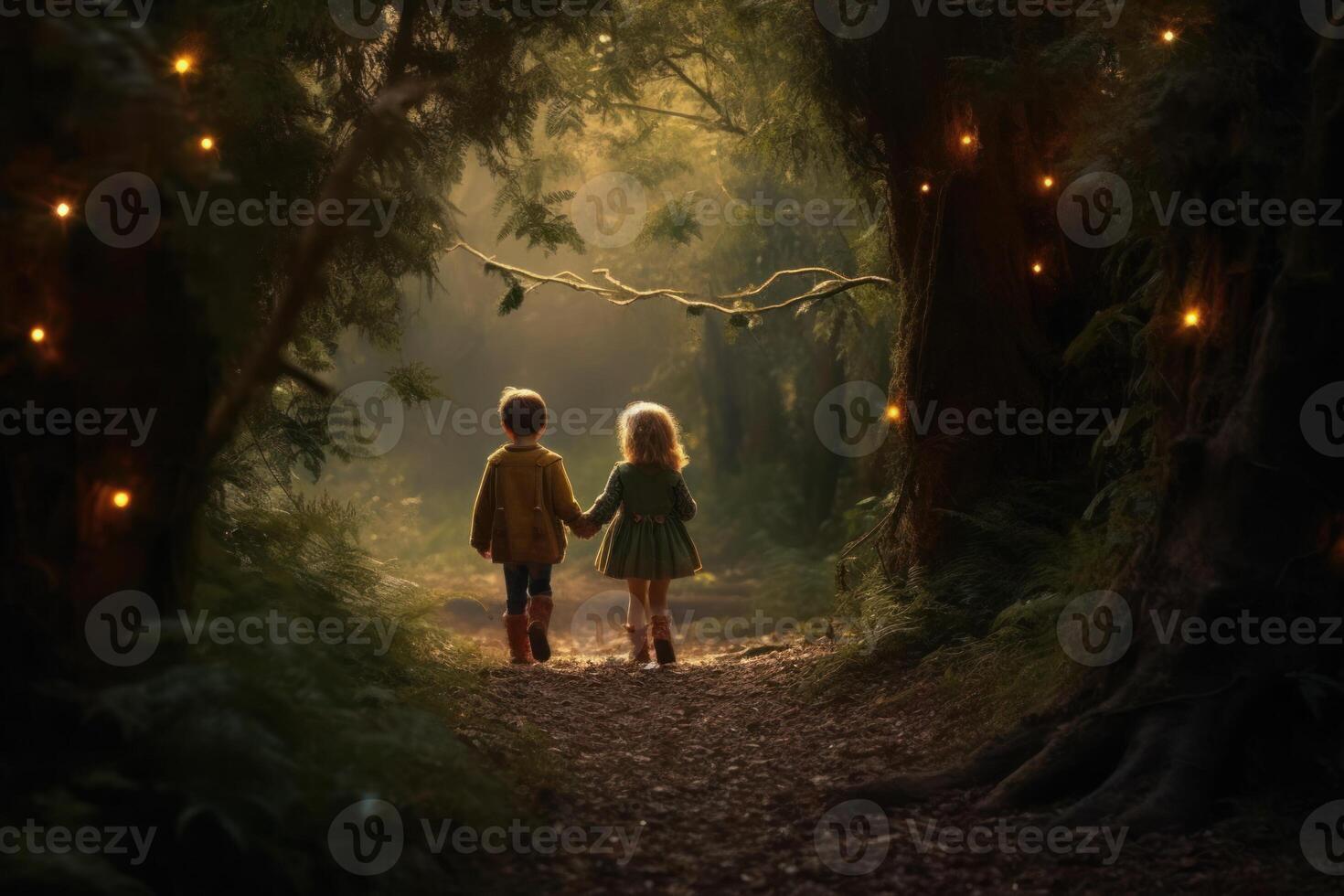 ai generato Due bambini sensazione il magico atmosfera come essi accedere foresta sfondo foto