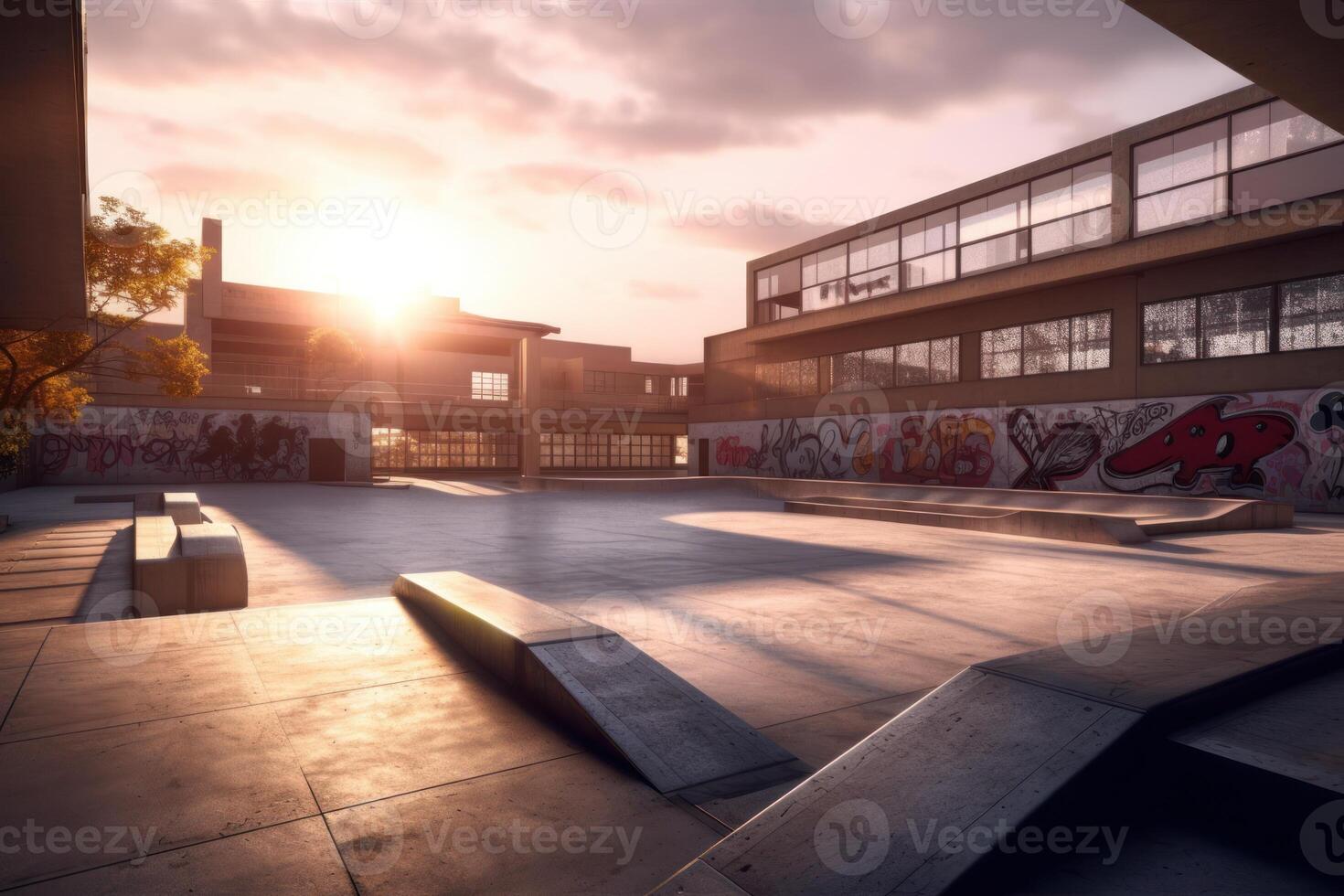 ai generato iperrealismo Skate park Visualizza nel il città sfondo foto