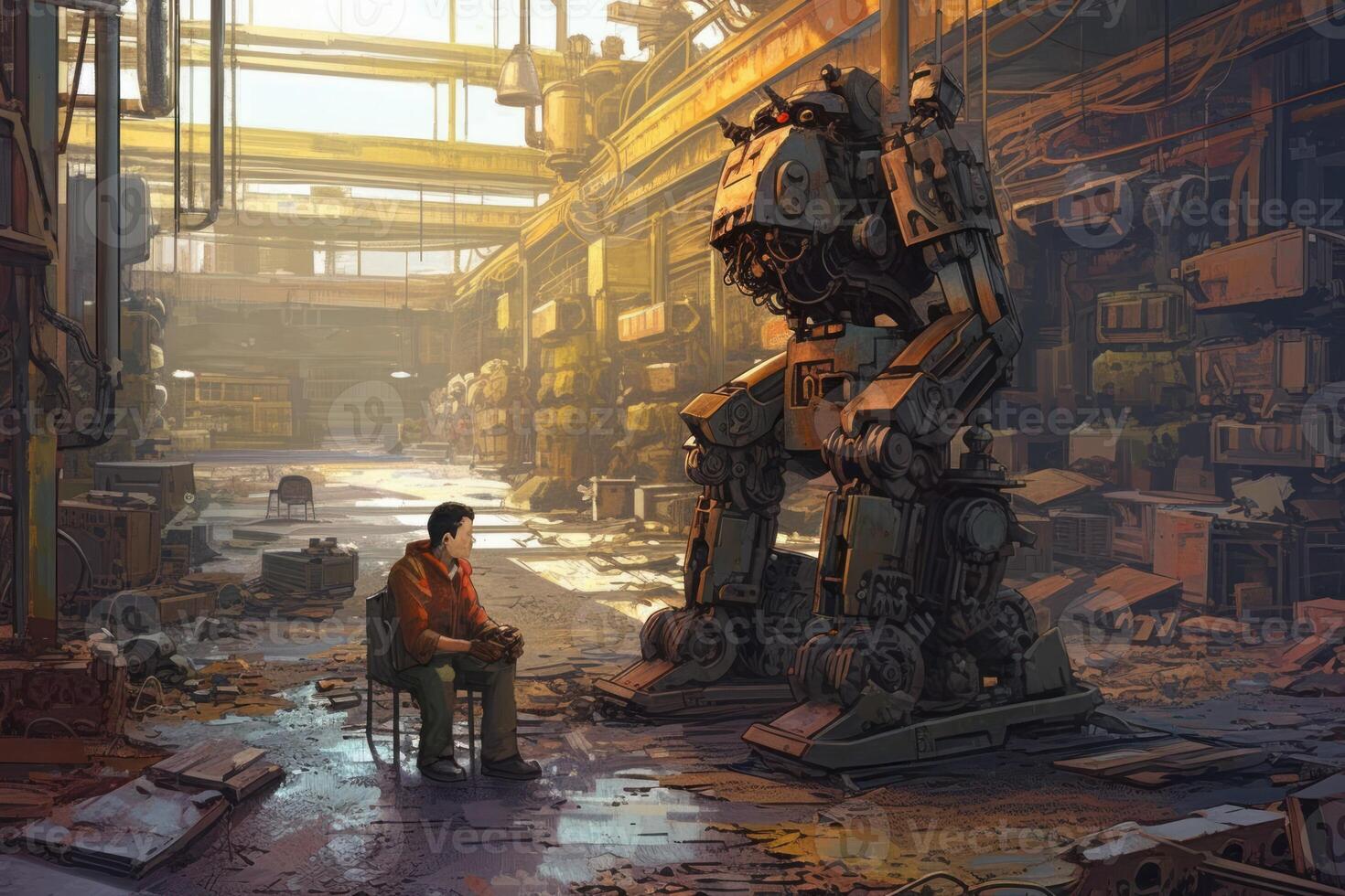 ai generato un' robot Lavorando con gli esseri umani nel il industriale sfondo foto
