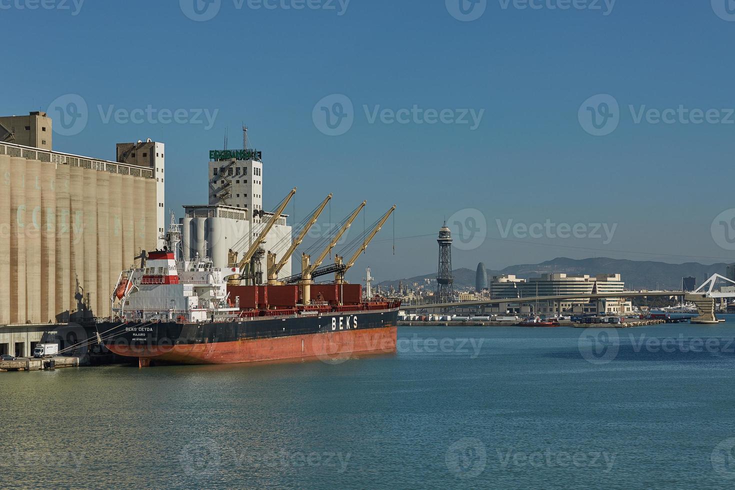 gru portuale carica un container sul molo per il trasporto di import export e logistica aziendale a barcellona spagna foto
