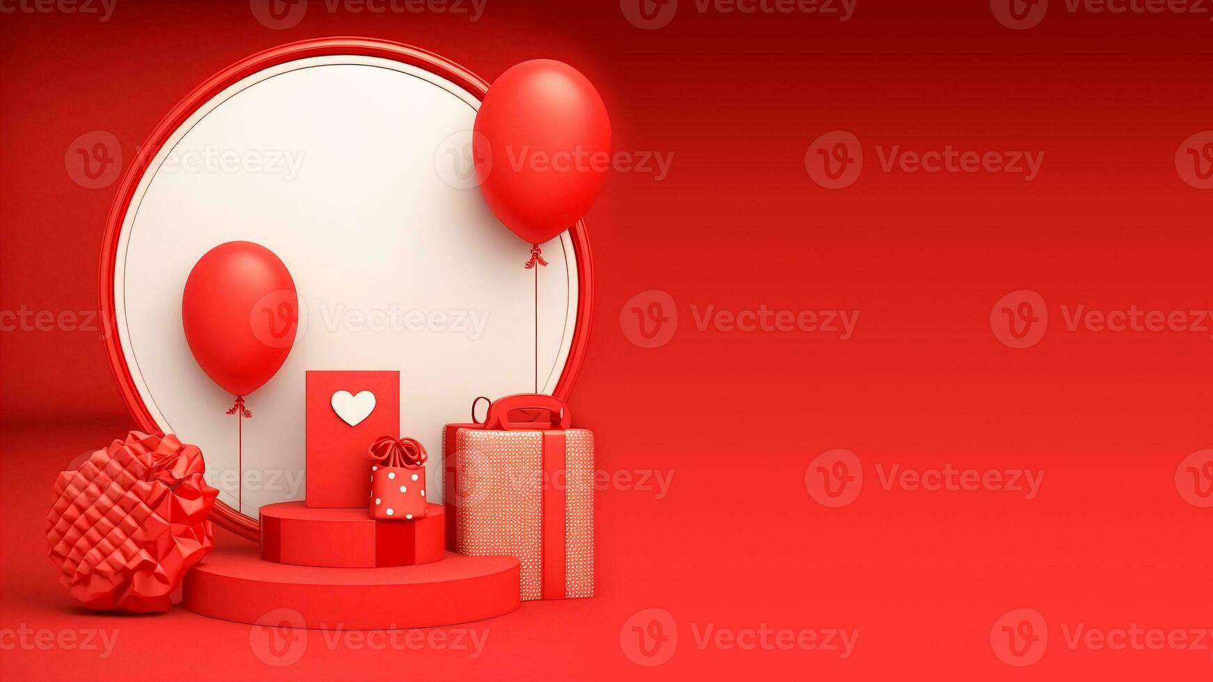 3d rendere di circolare telaio con podio, palloncini, regalo scatole, Messaggio carta. San Valentino giorno concetto. foto