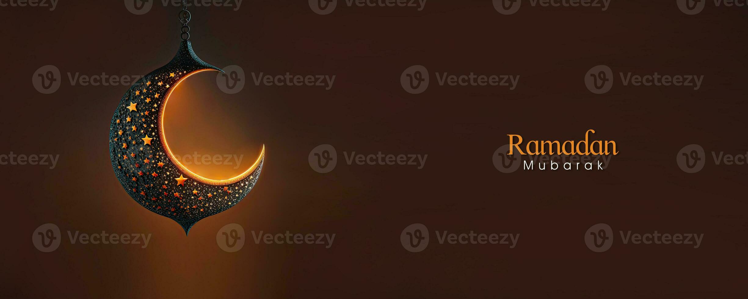 Ramadan mubarak bandiera design con 3d rendere di sospeso stellato mezzaluna Luna e leggero effetto su buio Marrone sfondo. foto