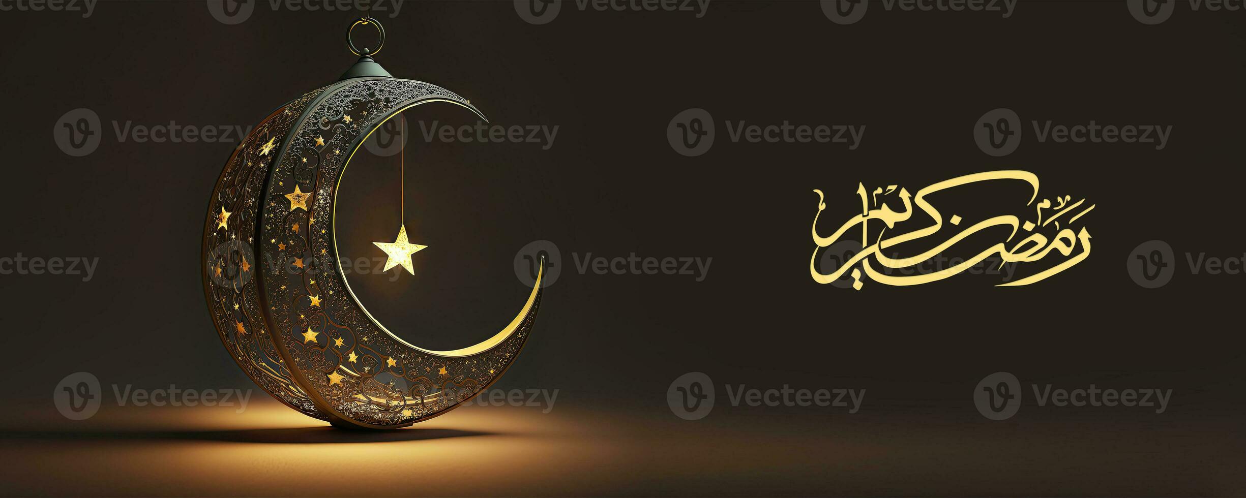 Arabo calligrafia di Ramadan kareem con 3d rendere, squisito mezzaluna Luna e sospeso brillante stella su nero sfondo. bandiera o intestazione design. foto