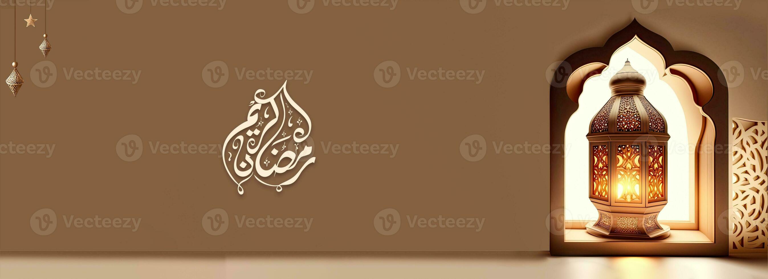 Arabo calligrafia di Ramadan kareem, illuminato Arabo lampada su islamico finestra. 3d rendere. foto