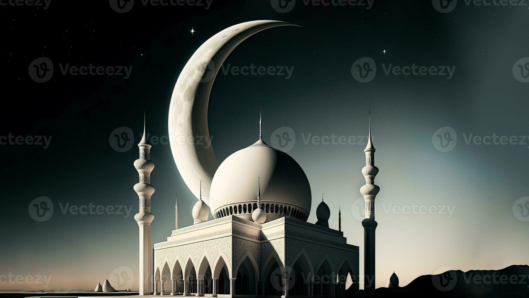 3d rendere di bellissimo moschea con mezzaluna Luna su notte sfondo. islamico religioso concetto. foto