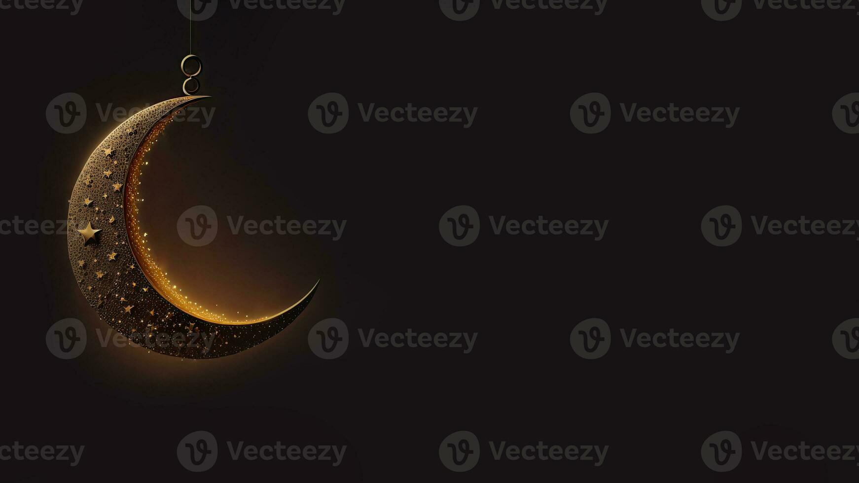 3d rendere di sospeso squisito mezzaluna Luna con stelle su nero sfondo. islamico religioso concetto. foto