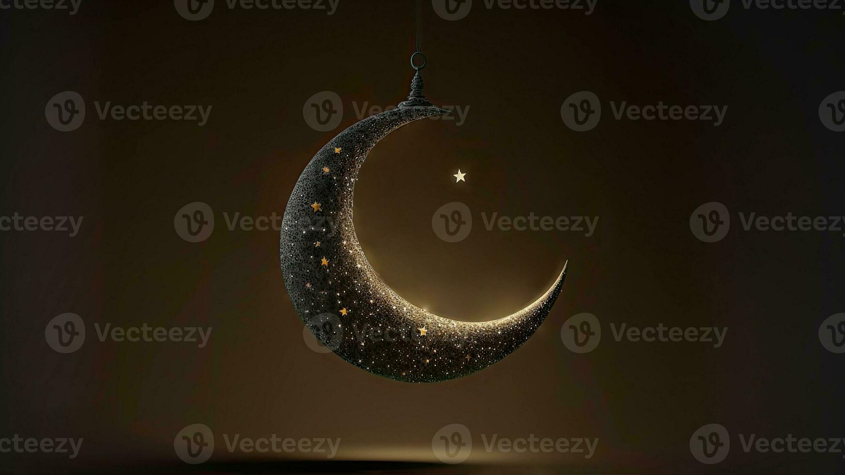 3d rendere di squisito brillante mezzaluna Luna su bokeh sfondo. islamico religioso concetto. foto