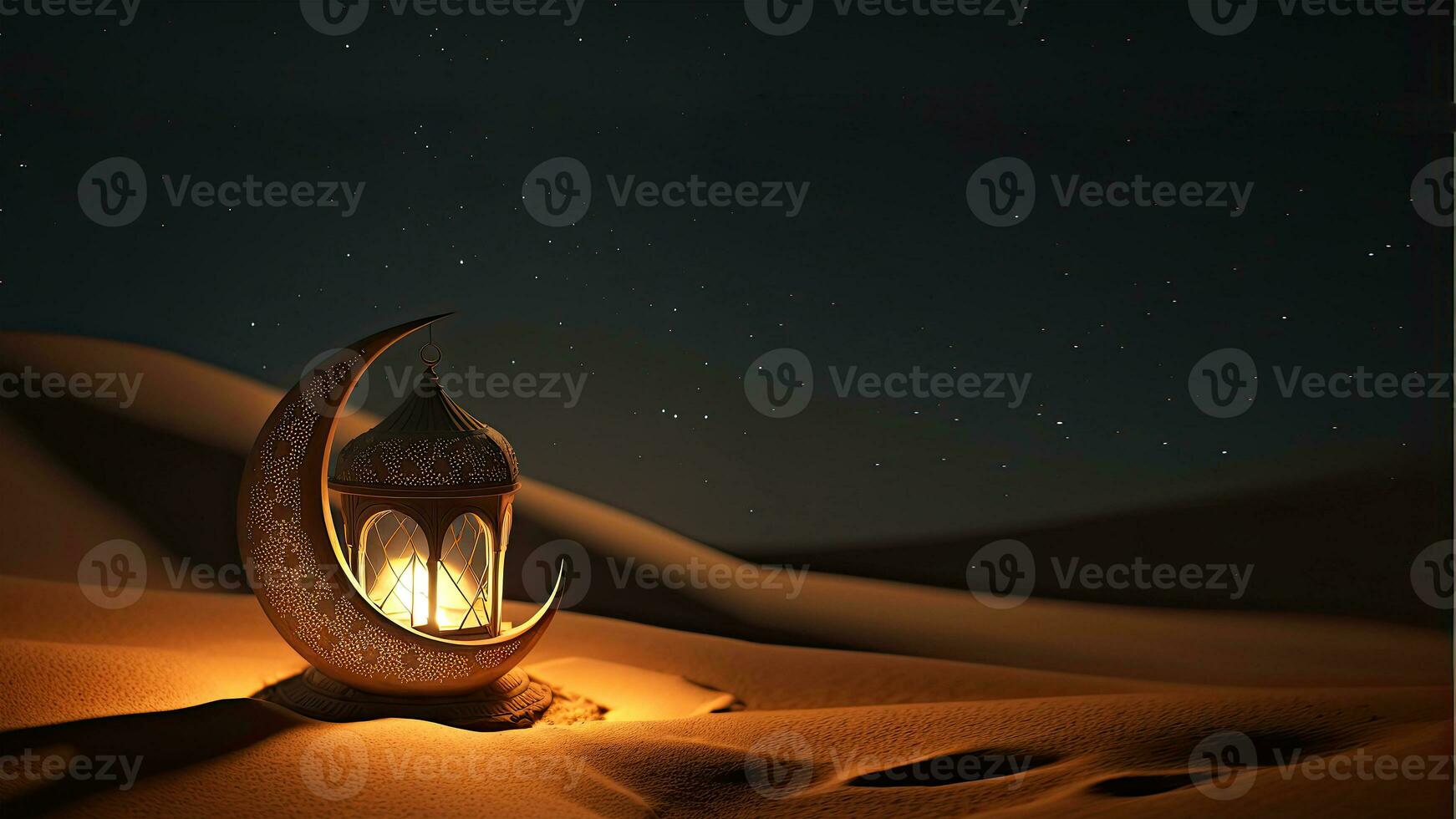 3d rendere di d'oro mezzaluna Luna con illuminato Arabo lanterna su sabbia duna. islamico religioso concetto. foto
