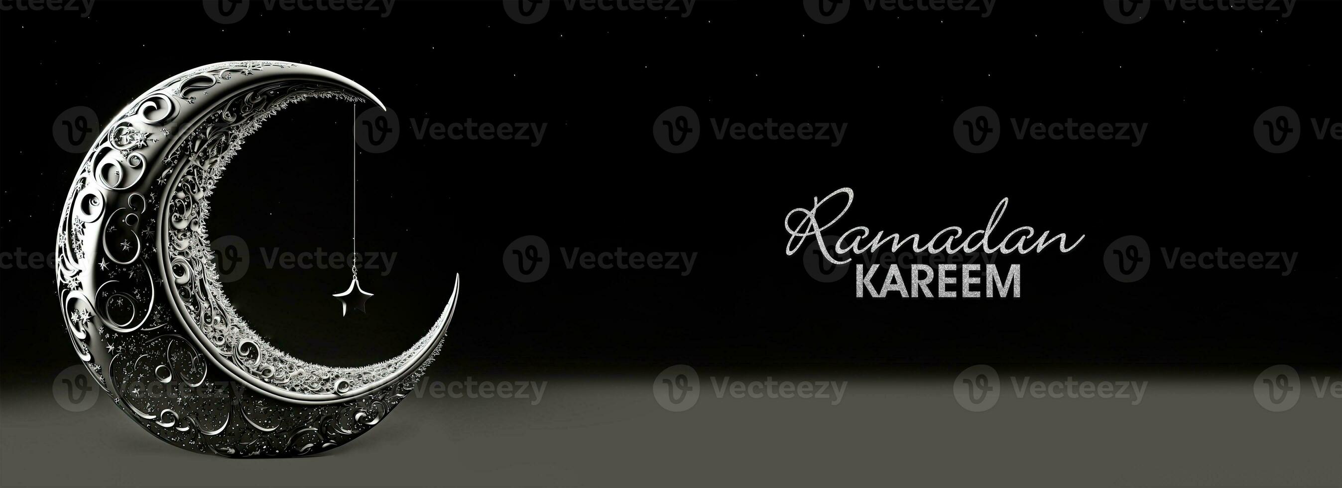 Ramadan kareem bandiera design con argento glitterato testo, 3d rendere di squisito mezzaluna Luna e sospeso stella su nero sfondo. foto