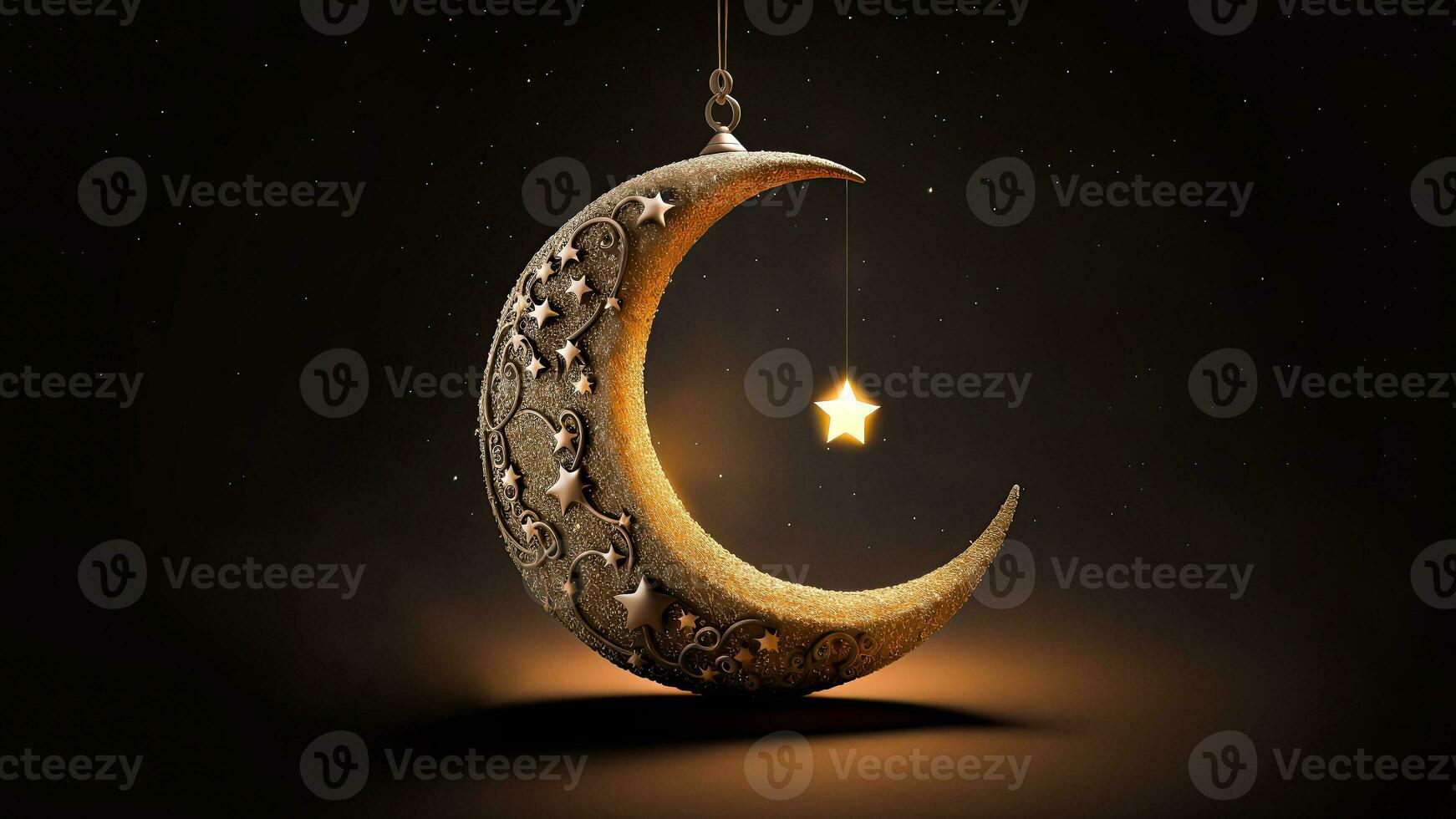 3d rendere di bellissimo lavorato Luna con sospeso brillante stella su buio sfondo. islamico religioso concetto. foto