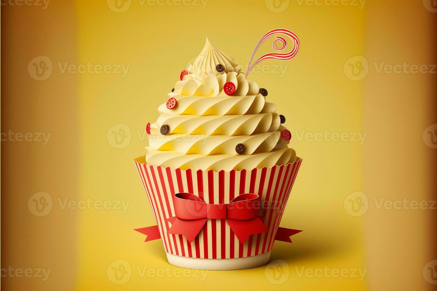 carta Cupcake con rosso arco nastro su giallo sfondo. 3d rendere. foto