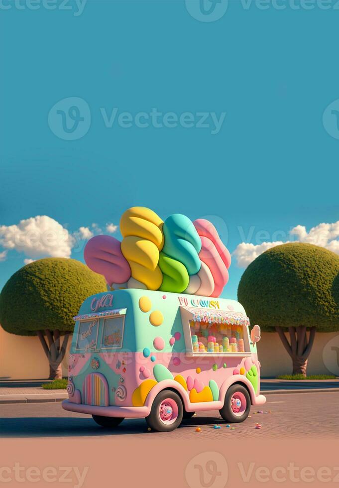 3d rendere, fantasia colorato cibo camion di caramella terra. foto