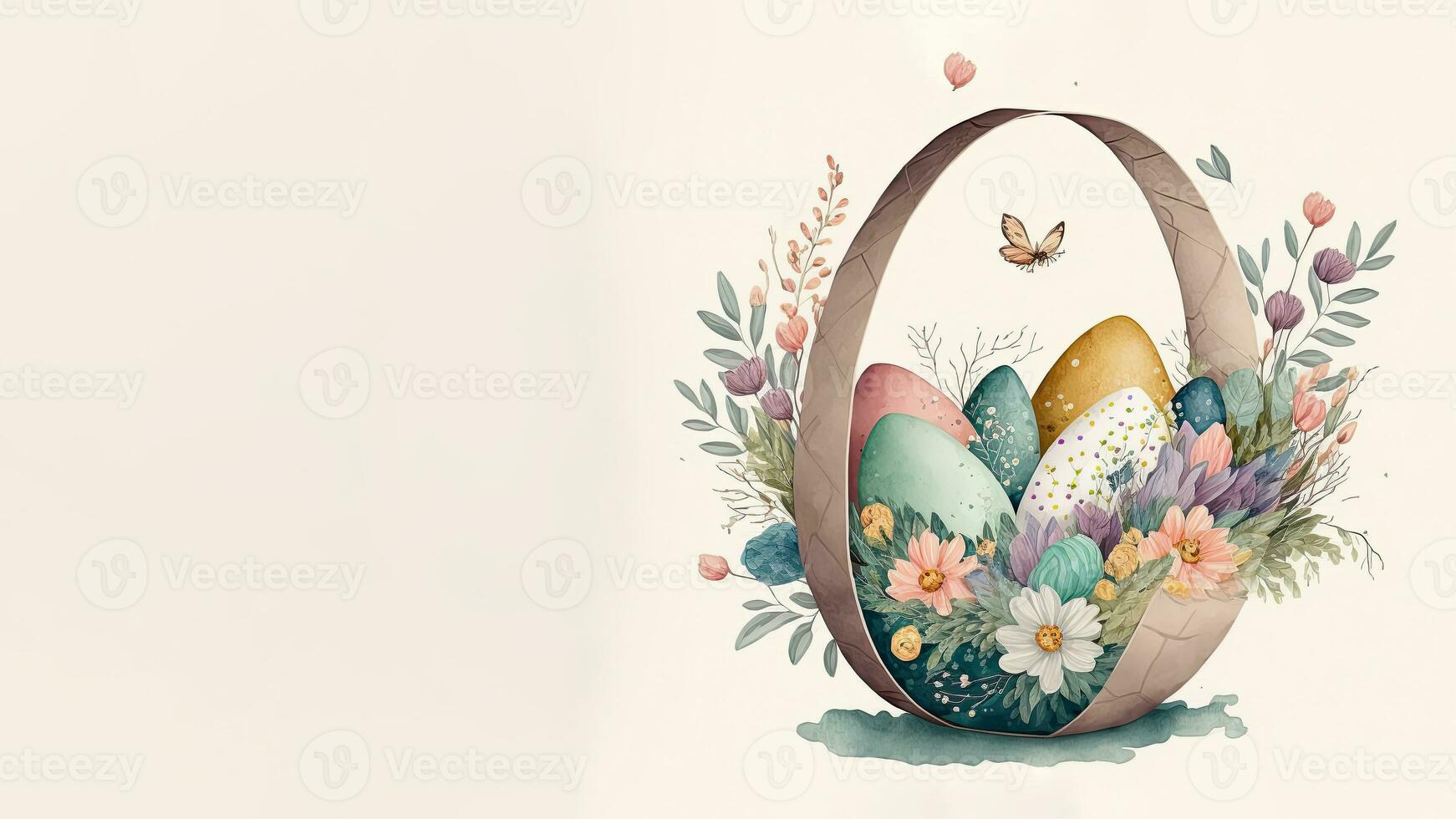 illustrazione di floreale uovo cestino con farfalla personaggio e copia spazio. contento Pasqua giorno concetto. foto