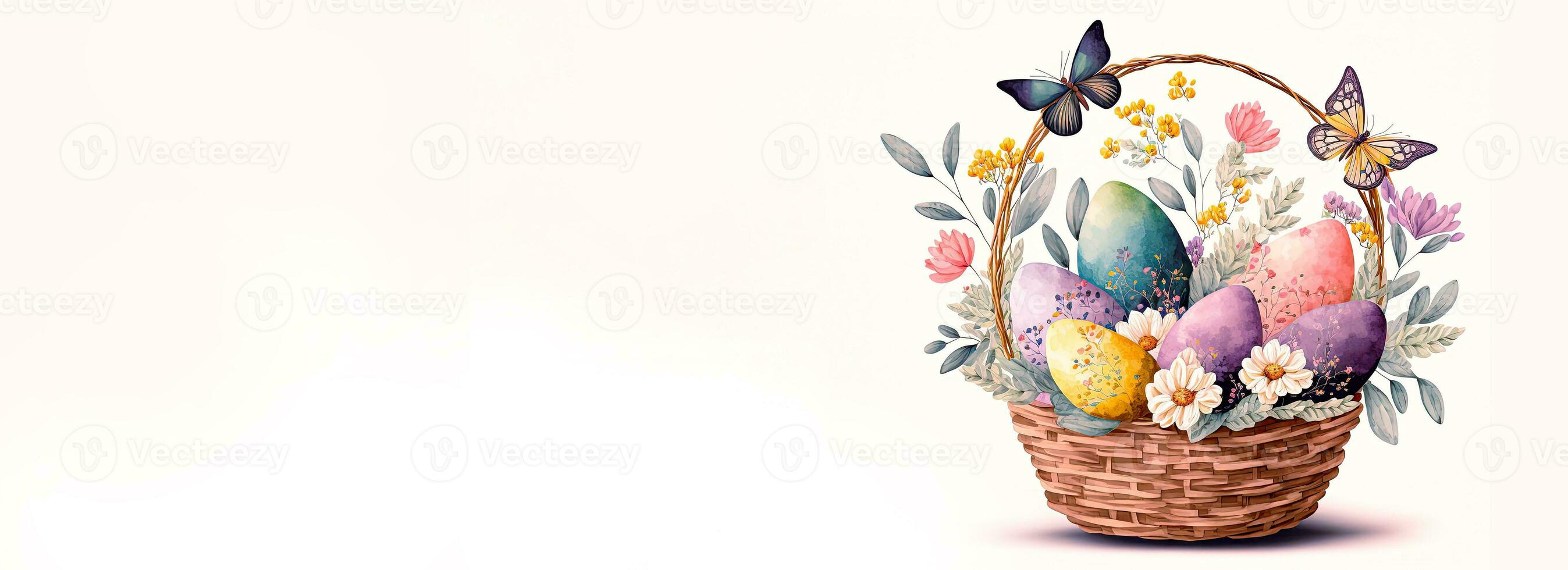 illustrazione di carino farfalla personaggi con Pasqua uova floreale cestino e copia spazio. contento Pasqua giorno concetto. foto