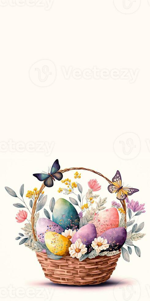 illustrazione di carino farfalla personaggi con Pasqua uova floreale cestino e copia spazio. contento Pasqua giorno concetto. foto